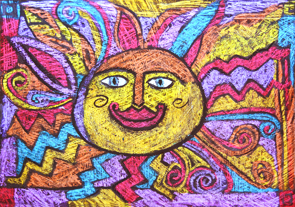 Oil pastel Sun with the Scratch technique