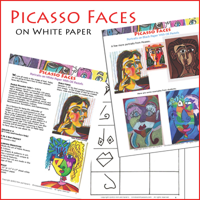 Picasso Faces on White Paper - Portrait Drawing in Oil Pastel Art